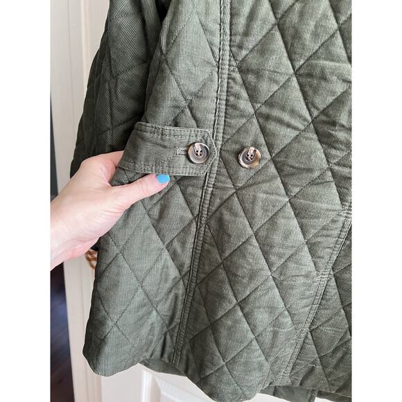 TALBOTS Moss Green Quilted Corduroy Plaid Cuffs Button Front Coat - Picture 6 of 12